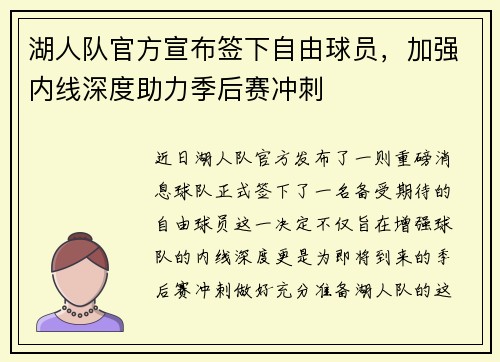 湖人队官方宣布签下自由球员，加强内线深度助力季后赛冲刺