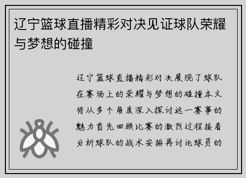 辽宁篮球直播精彩对决见证球队荣耀与梦想的碰撞
