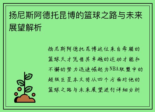 扬尼斯阿德托昆博的篮球之路与未来展望解析